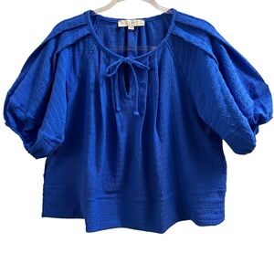 LOFT TOP, Sz PL, Blue Short Sleeve V-Neck Pullover Top w/ Tie at Neck, Excellent